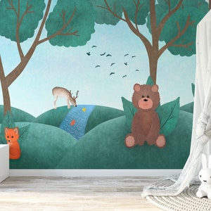 Children&#39;s Room Peel n Stick wallpaper - Forest animals bear deer fox