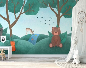 Children's Room Peel n Stick wallpaper - Forest animals bear deer fox