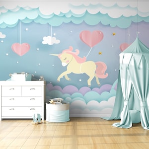 Einhorn fliegende Tapete, Herz Luftballons abnehmbare Tapete, Kinderzimmer selbstklebend, Cartoon Karte abziehen und aufkleben