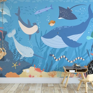 海の動物たちをモチーフにした、貼ってはがせる壁紙：子供部屋用インテリア
