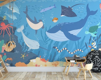 Ocean Peel and Stick Wallpaper: Marine Animals Kids Room Decor
