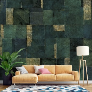 Carta da parati geometrica verde e oro / Arte da parete patchwork astratta / Accento per l'home office / Design contemporaneo - Decorazione da parete di arte astratta moderna