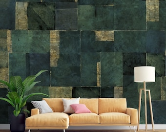Green and Gold Geometric Wallpaper: Abstract Patchwork Wall Art
