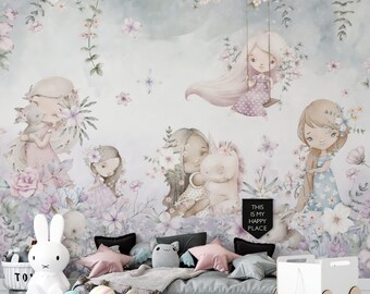 Magische Eenhoorn & Konijn Kinderkamer Peel en Stick Wallpaper Muurschildering, Floral Nursery Decor - Grillige Wall Art Kinderkamer Muurschildering