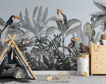Dschungel Safari Wallpaper Wandbild: Tropische Tiere Schälen und Aufkleben Wandkunst
