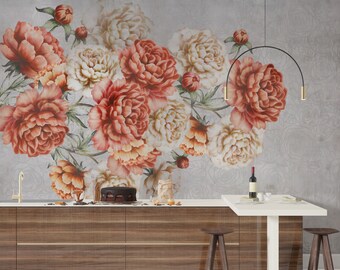 Red and Beige Roses Wallpaper Mural: Elegant Peel and Stick Decor