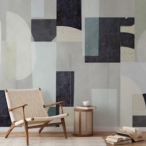 Neutralt tonad geometrisk abstrakt konst med texturerade former och korsande mönster-C69