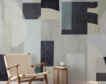 Neutral Toned Geometric Abstract Art with Textured Shapes and Intersecting Patterns-C69