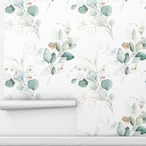Green & Gold Leaves Removable Wallpaper: Watercolor Floral Peel and Stick