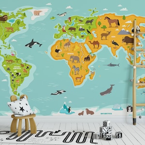 Weltkarte Tapete für Kinder, selbstklebende Tapete für Kinderzimmer, abziehbare Tierkarte, Cartoon Karte abziehen und aufkleben