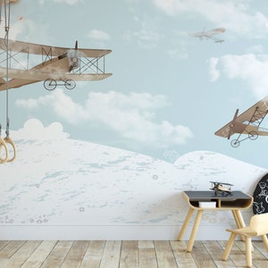 Nursery Wallpaper : Airplanes in the sky, children's room Peel n Stick wallpaper