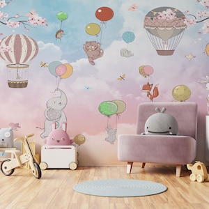 Kids Wallpaper Hot Air Balloon Peel and Stick Wallpaper Self Adhesive, Kids Playroom Wall Decor Nursery Wallpaper Rolls Animals Wallpaper