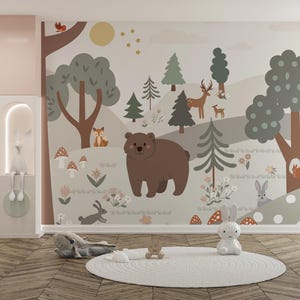 Papel tapiz autoadhesivo / Mural de bosque con dibujos de osos pardos / Papel tapiz de animales extravagantes / Decoración de habitación infantil / Papel tapiz para guardería