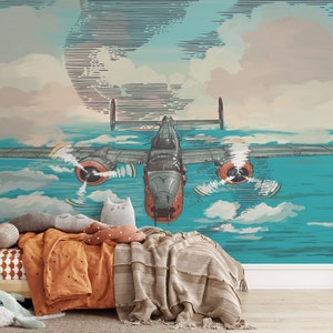 Vintage Airplane and Clouds Wallpaper: Kids Room Peel and Stick Mural