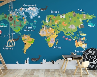 Animal World Map for Kids - Cartoon Animal Map Mural - Educational World Map Wallpaper