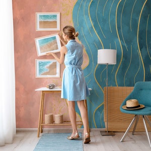 Abstract Golden Waves Wallpaper: Coastal Peel and Stick Mural
