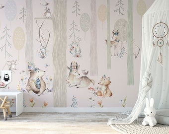 Magical Forest Animal Mural - Kids Room Self-Adhesive Wallpaper, Vibrant Children's Room Decor