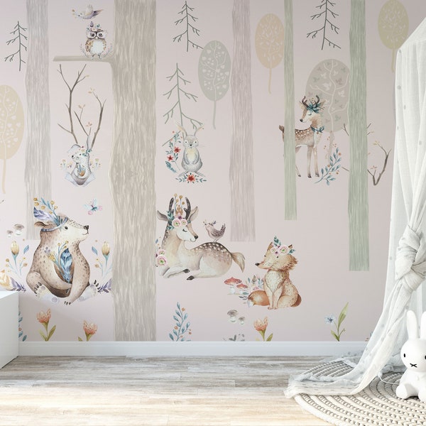 Magical Forest Animal Mural - Kids Room Self-Adhesive Wallpaper, Vibrant Children's Room Decor