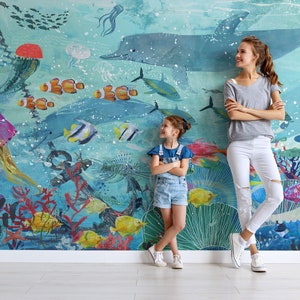 Carta da parati subacquea blu, carta da parati rimovibile di colore blu, carta da parati autoadesiva per camerette dei bambini, carta da parati con pesci da staccare e attaccare