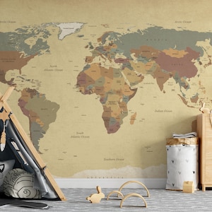 Papel tapiz de mapa del mundo vintage texturizado para decoración, autoadhesivo, decoración de habitaciones