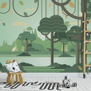 May include: A green and brown cartoon forest mural with a wooden ladder, a small wooden stool with a star-patterned pillow, and black and white blocks on a white wooden floor.