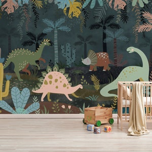 Cartoony Dino World Kids Room Wallpaper Mural, Prehistoric Adventures Wall Art, Dinosaur Wallpaper