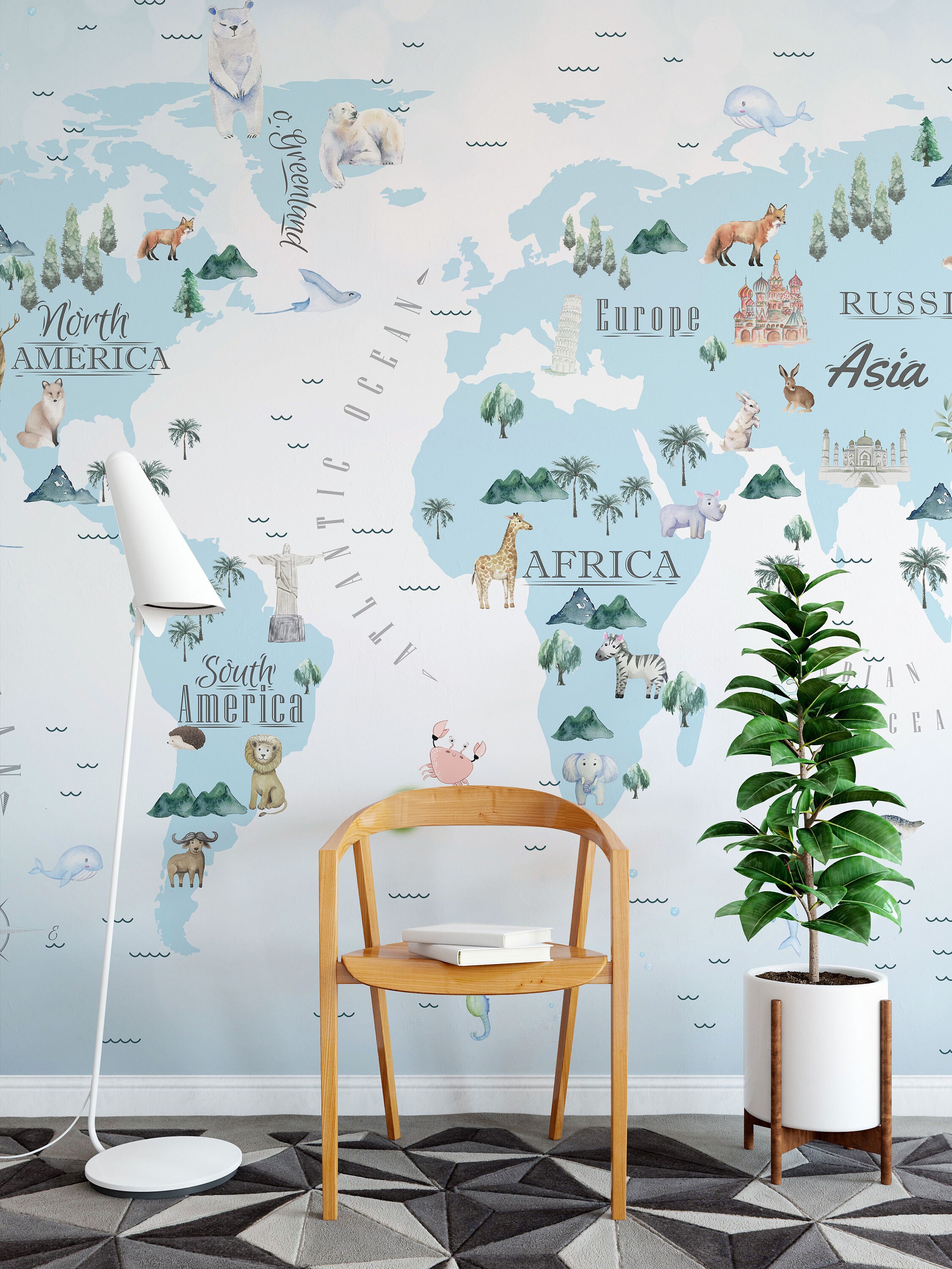 Kids World Map Wallpaper: Peel and Stick Animal Wall Mural - Etsy