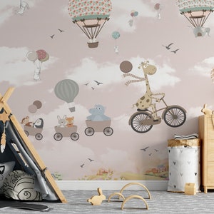Fahrrad-Reise-Tapete Heißluftballon-Kinder-Tapete schälen und aufkleben Selbstklebende fliegende kleine Tiere-Kinderzimmerzimmer