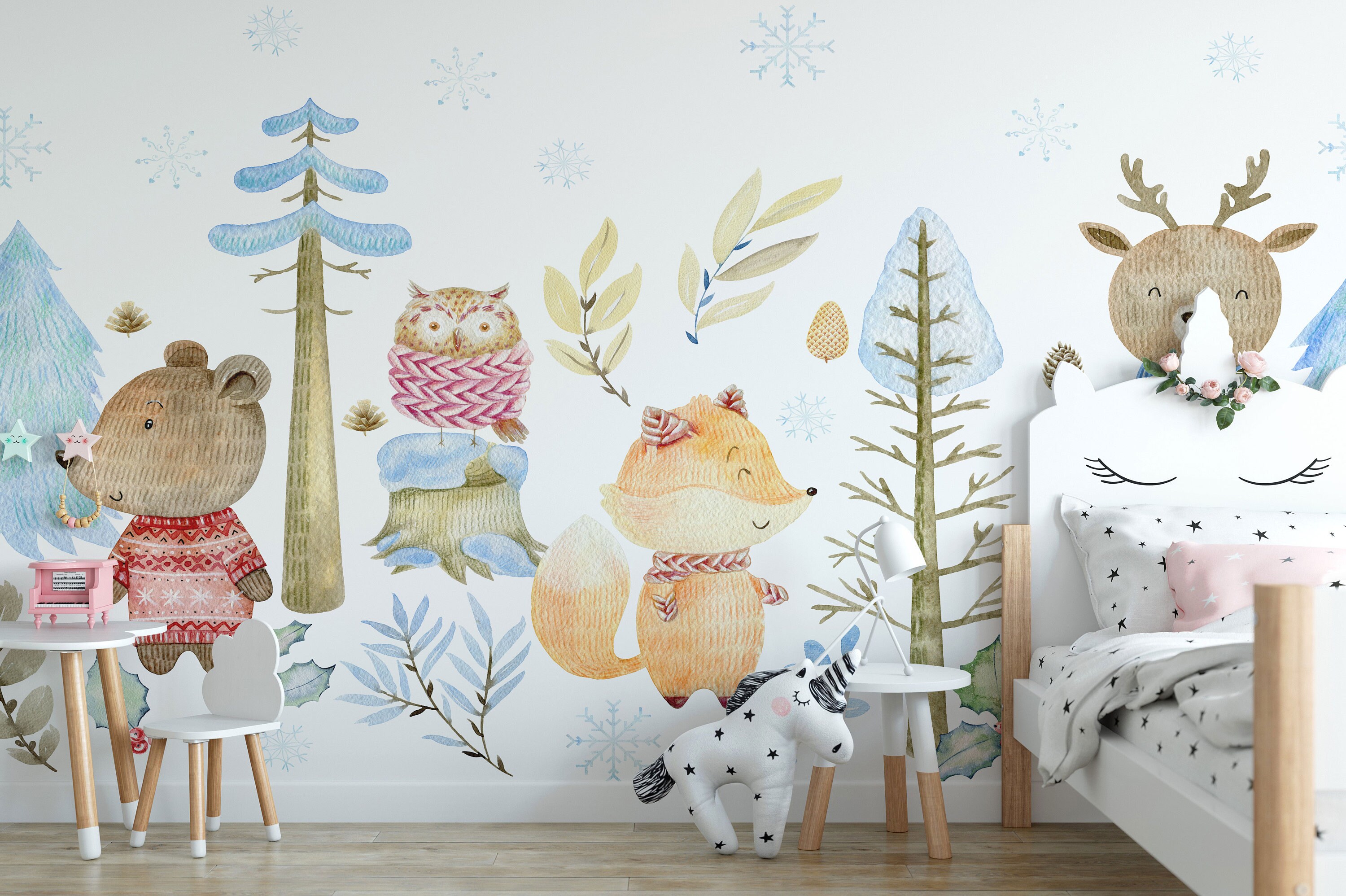 Wit Winter Woodland Friends-behang-A731 - Etsy België, image size:3000x1997