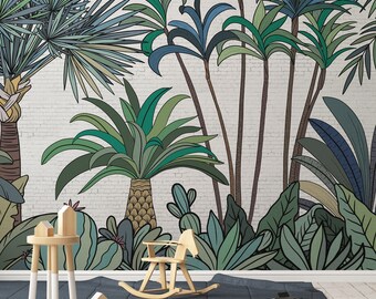 Green Palm Tree Forest Wallpaper Mural: Tropical Urban Design