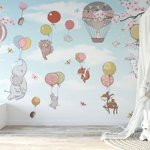 Flying Animals Kids Wallpaper Hot Air Balloon Peel and Stick Self Adhesive, Cartoon Wallpaper, Nursery Wallpaper Removable wall covering