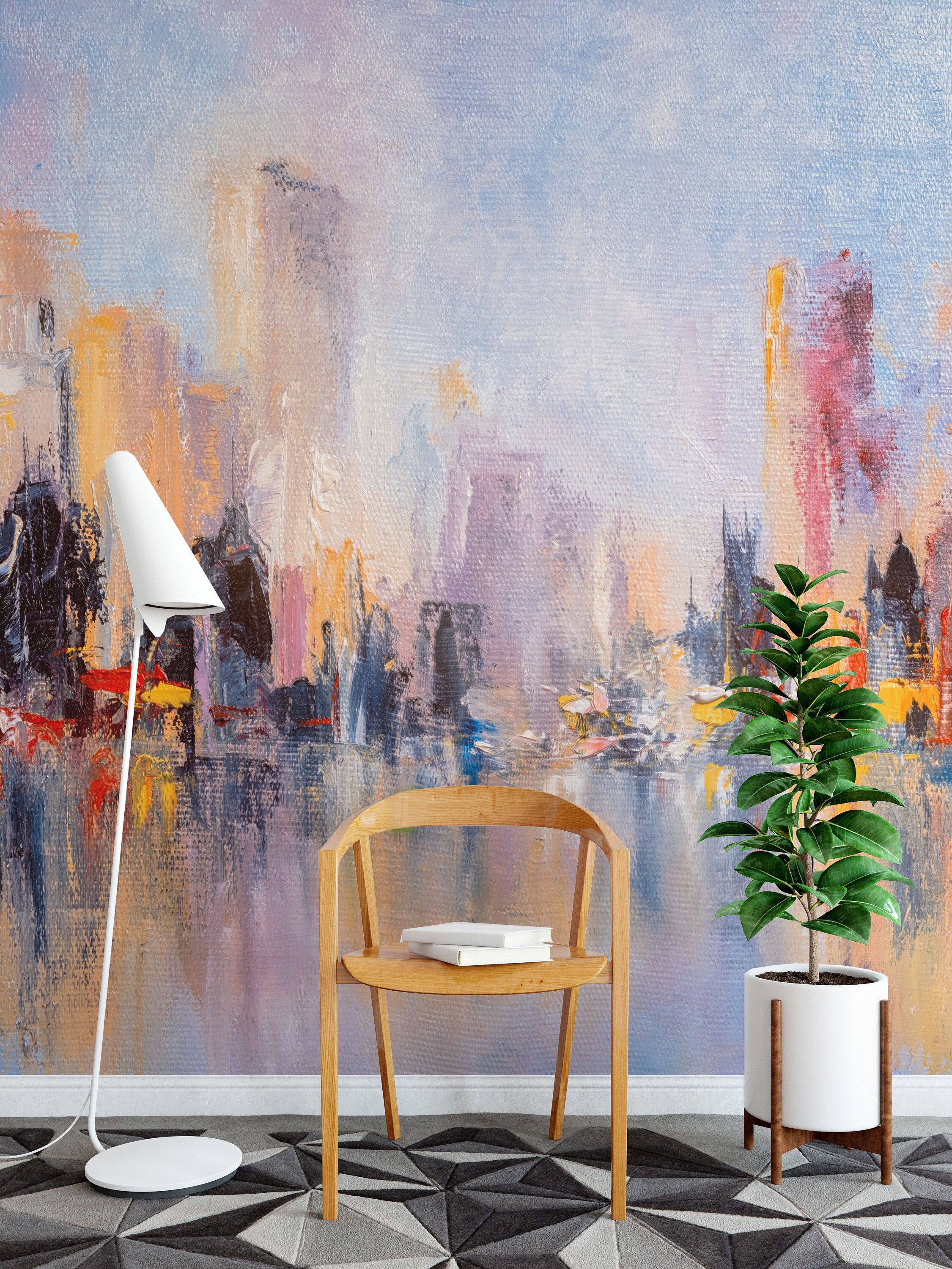 City Reflection Peel and Stick Wallpaper: Abstract Art Deco Mural