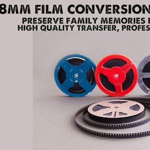 May include: Image of 8mm film reels in blue, red, gray, and green, with a strip of film in the foreground. Text at the top reads "8MM FILM CONVERSION TO DIGITAL". The text below reads "PRESERVE FAMILY MEMORIES BEFORE THEY FADE HIGH QUALITY TRANSFER, PROFESSIONAL EQUIPMENT."