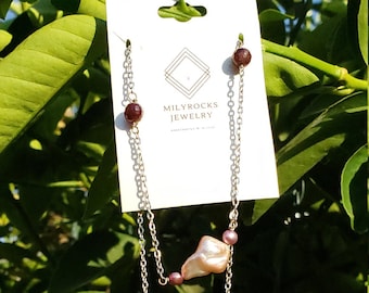 Handcrafted MilyRocks Baroque white pearl, powder rose pearl & Garnet necklace