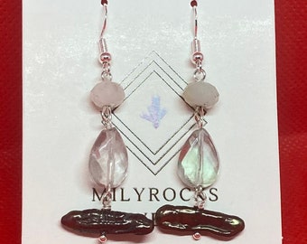 Handcrafted MilyRocks Amazonite flourite and biwa Pearl earrings