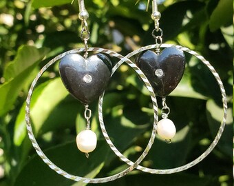 MilyRocks Hematite heart & white pearl handcrafted earrings