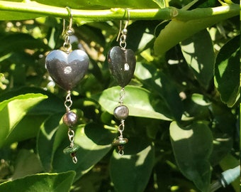 MilyRocks Hematite hearts, crystal night blue pearl & jade dangle handcrafted earrings