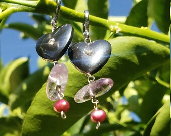 Handcrafted MilyRocks Hematite heart, amethyst & bright powder rose pearl earrings.