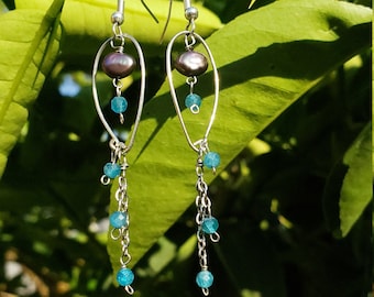 Handcrafted MilyRocks Blue apatite & night blue pearl dangle earrings