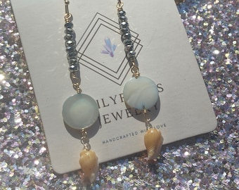 Handcrafted MilyRocks Golden crystals, blue tone Mother of pearls and shell earrings