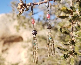 MilyRocks Handcrafted Powder Rose, peacock Pearl & turquoise dangle earrings