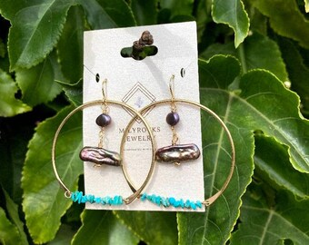 MilyRocks Turquoise, crystal night blue & maroon Biwa pearl hoop dangle earnings