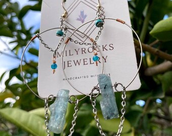 MilyRocks Kyanite, turquoise & blue apatite hoop dangle earrings