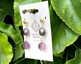 Handcrafted MilyRocks Pearl and Super 7 earrings