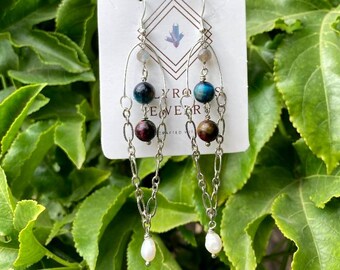 Handcrafted MilyRocks Labradorite, pearls & dual tone Tigers Eye earrings