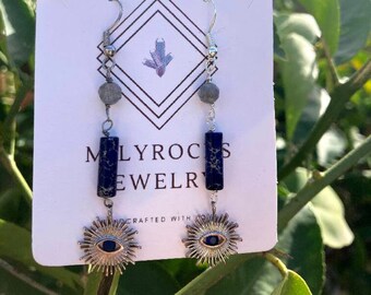 MilyRocks Labradorite, Lapis lazuli and evil eye Handcrafted dangle earrings.