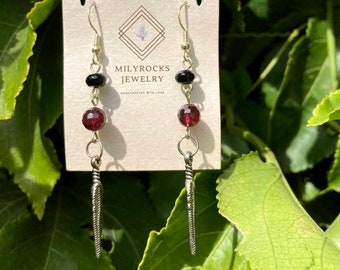 MilyRocks Garnet & onyx dangle feather earrings