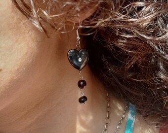 MilyRocks Hematite hearts, garnet & onyx dangle earrings