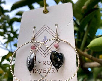 Handcrafted MilyRocks Hematite hearts & tourmaline hoops earrings