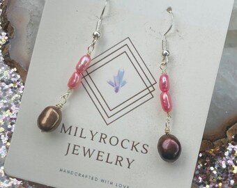 Handcrafted MilyRocks pink and brown pearls earrings